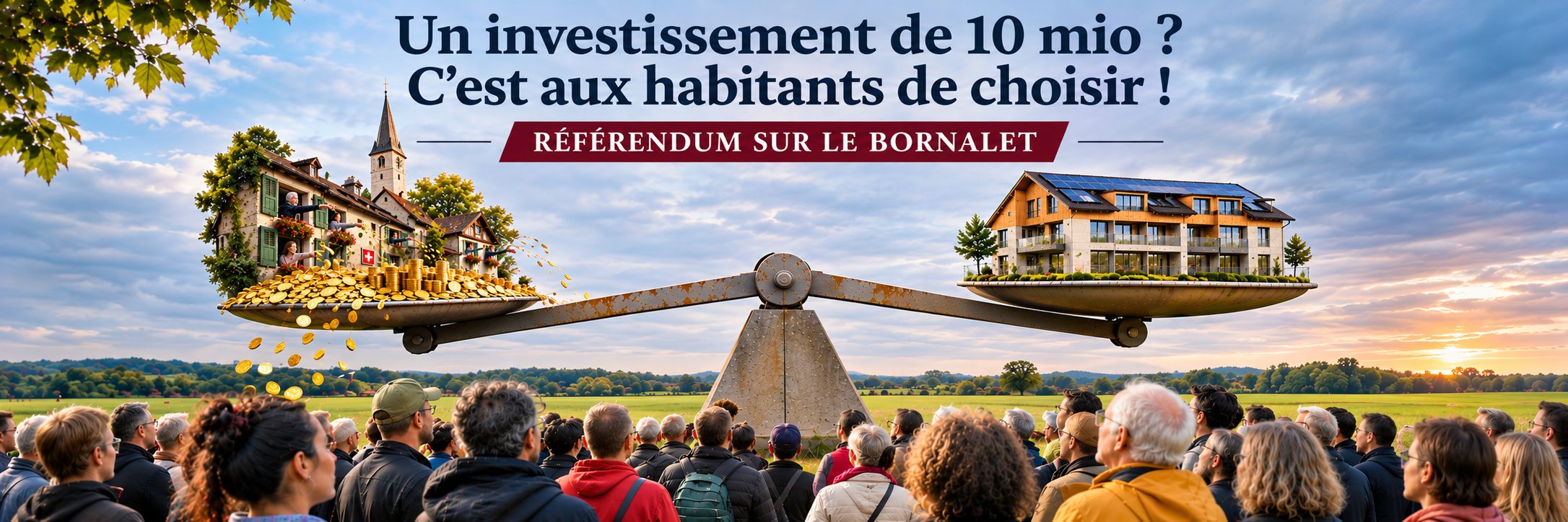 Une balance : d'un côté le village de Penthaz et ses pièces d'or, de l'autre le nouvel immeuble du Bornalet, devant une foule d'habitants. « Un investissement de 10 mio ? C'est aux habitants de choisir ! » – Référendum sur le Bornalet